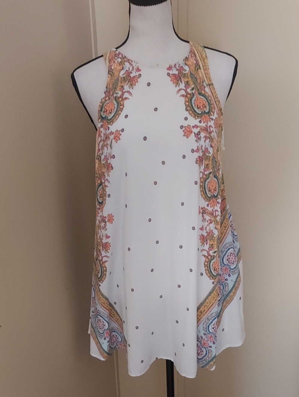 Free People White Floral Mini Dress with Pastel Medallion Print